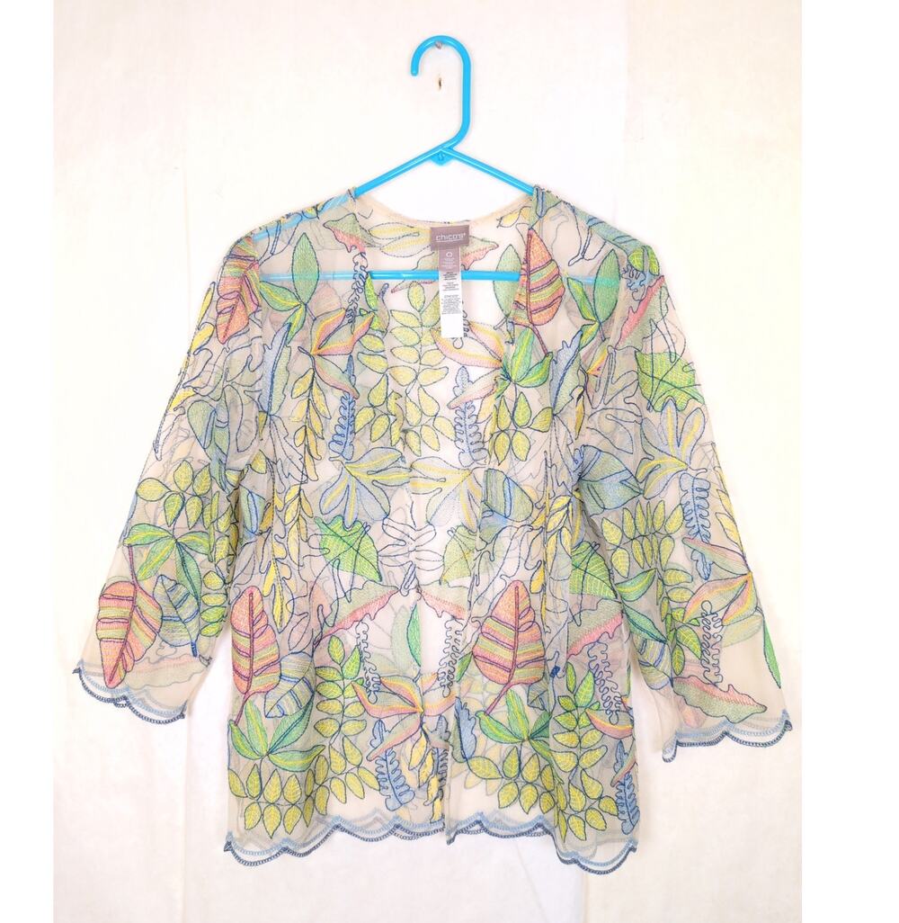 Chicos green embroidered sheer mesh open front jacket size 0/ Sm Boho Tropical